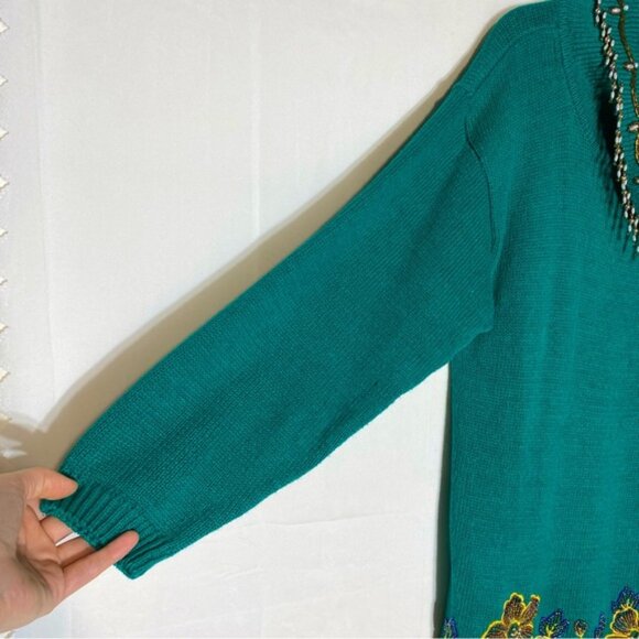 Vintage Victoria Jones Beaded Oversized Green Ramie Cotton Cowl Neck Sweater L - Picture 13 of 16